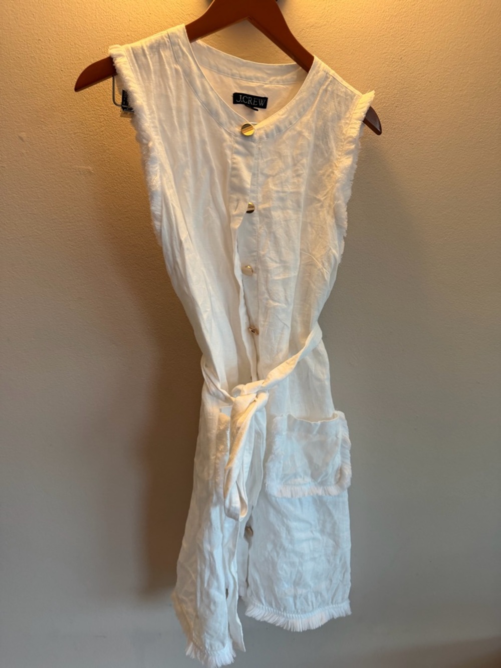 J. Crew White Sleeveless Button-Front Linen Midi Dress with Tie Waist - Picture 4 of 8